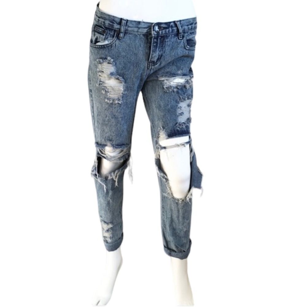 One Teaspoon Cotton Mid Rise Skinny Ankle Heavy Distressed Denim Jeans Blue 26